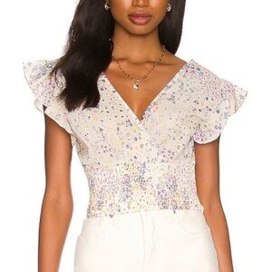 1. State Floral Ruffle Sleeve Blouse - Purple and Yellow